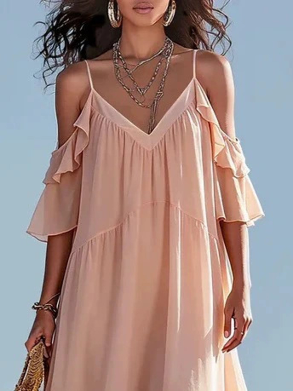 ZARA Nude Pink Ruffle Off Shoulder Short Sleeve Chiffon Tiered Maxi Dress
